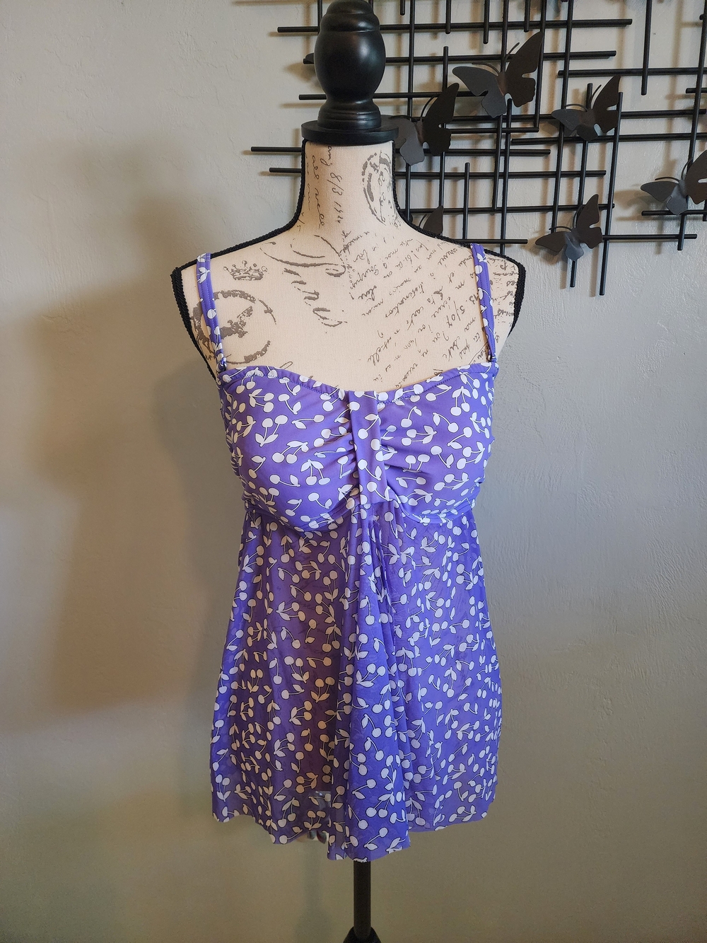 Blue Tankini Top With White Cherry Print And Sheer Midsection